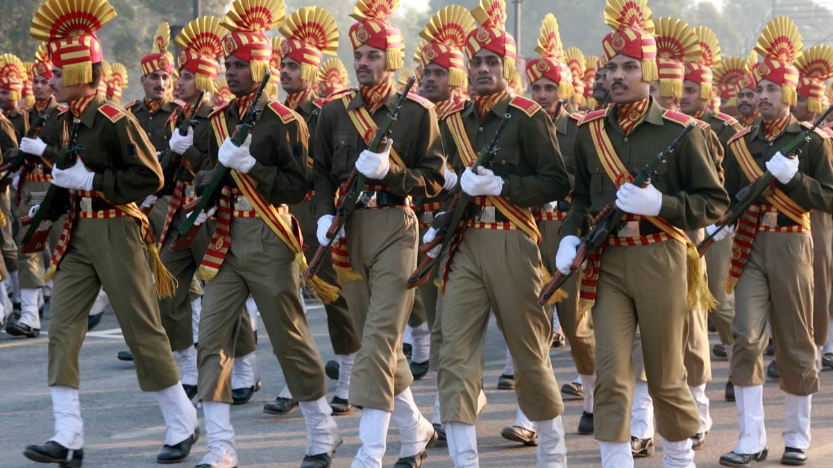 Sashastra Seema Bal personnel marching during a Republic Day parade rehearsal